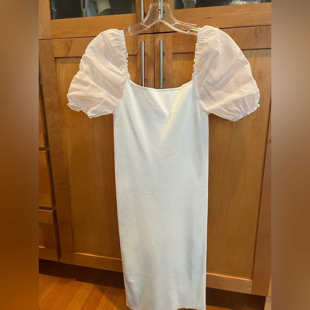 Mango bodycon dress with sheer puffy sleeves.